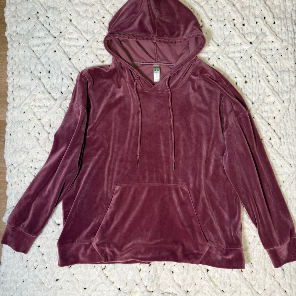 GreenTea Womens Velour Hoodie Mauve Plum Pullover Sweatshirt XL Relaxed Fit
